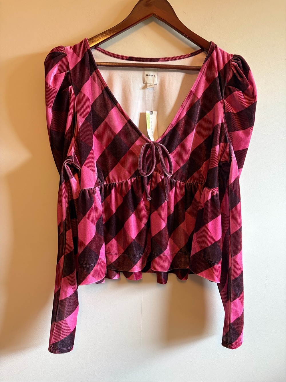 Maeve Pink Plaid Peplum Long-Sleeve Top
